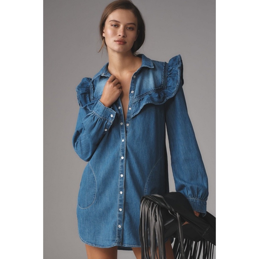 NWT Pilcro Anthropologie XS Ruffle Denim Shirt Dress 100% Cotton $158